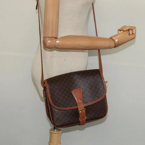 CELINE Macadam Canvas Shoulder Bag PVC Leather Brown Gold Auth - Picture 1 of 16
